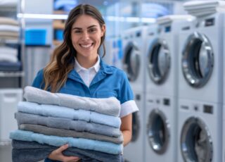 Funcionária sorridente segurando uniformes limpos em lavanderia profissional para empresas.