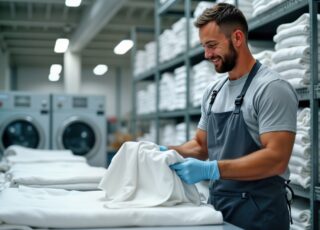 Profissional realizando lavagem profissional de roupas em lavanderia equipada com máquinas industriais.