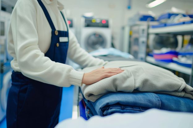 Funcionário organizando roupas dobradas em lavanderia profissional após lavagem completa