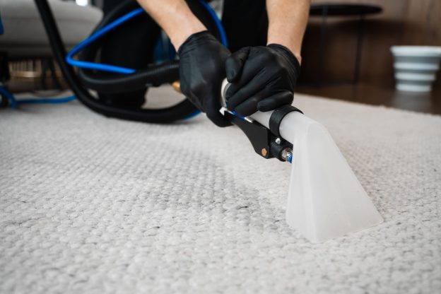 Técnico da Beatriz Lavanderia usando equipamento profissional de extração a vácuo para realizar a higienização de tapetes em uma sala.
